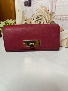 Michael Kors Burgundy Saffiano Leather Wallet with Gold Hardware